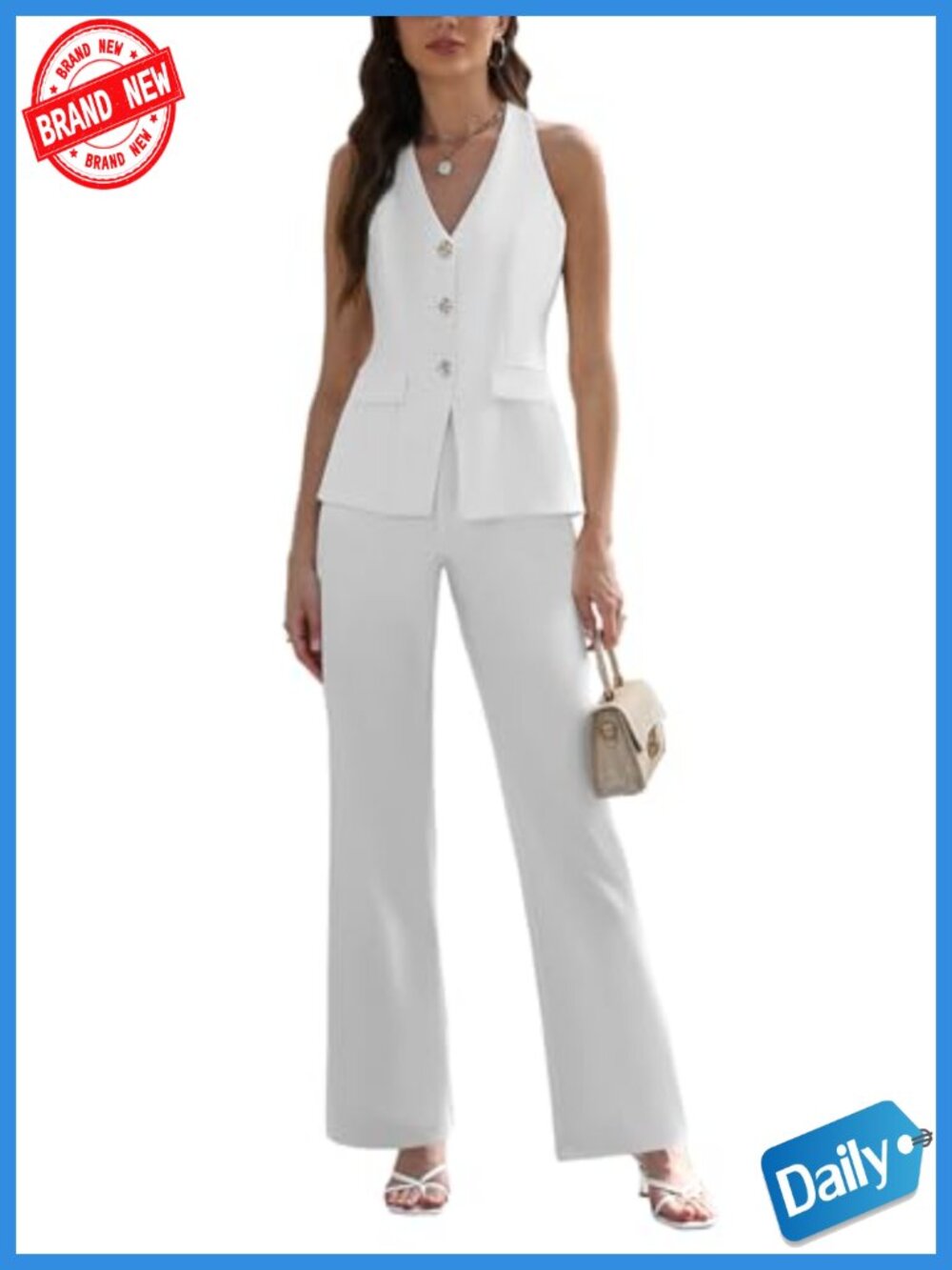 2 Pc Sleeveless Vest & Straight Leg Pantsuit Set Womens Business Casual